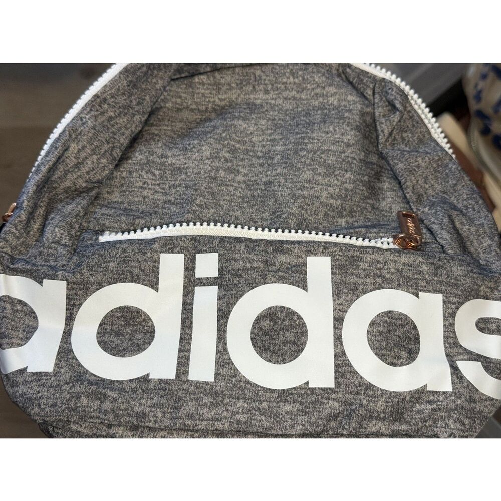 Adidas Linear Mini Backpack Charcoal Heather Gray White Logo Rose Gold Zipper